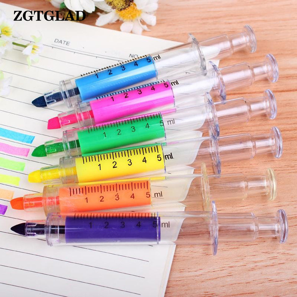 Random Color Syringe Highlighter Pen Plastic School Office Nurse Doctor