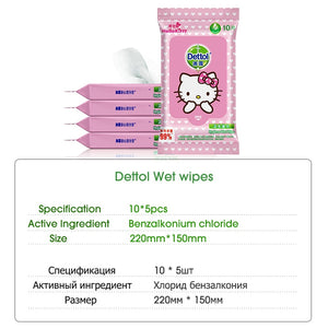 Dettol 10pcs*5 Hygiene Wet Wipes Portable Mini 99% Antibacterial Sanitizing Disposable Skin Care Mild Personal Cleaning Wipes