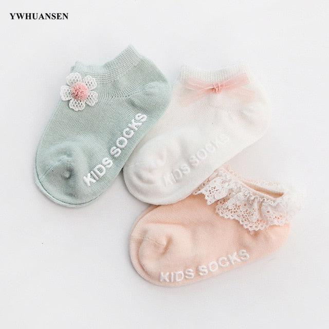 3 Pairs/lot 0 to 24M Spring Summer Baby Socks Solid Color Infant Baby Floor Socks Soft Cotton Anti-slip Boat Socks For Girls