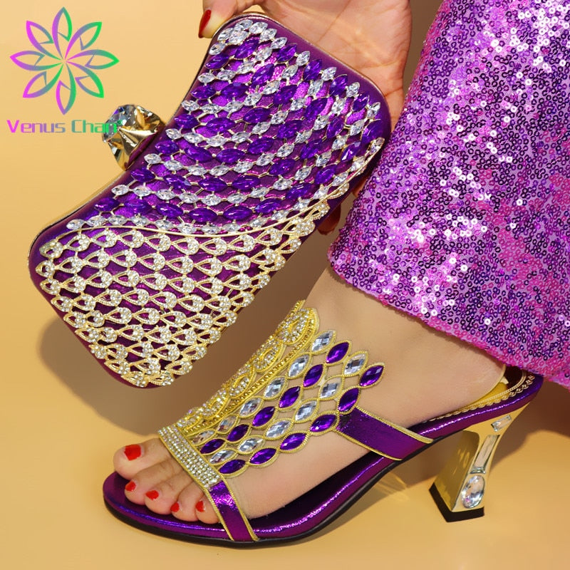 New Arrival Purple Color Italian Shoes with Matching Bags Shoes and Bag Set African Sets 2019 Fashion Sandals For Wedding Party