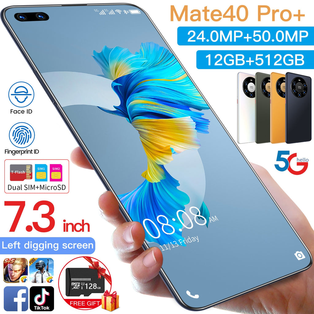 Global Version 7.3 Inch Screen 5G Smartphone with 12GB+512GB Large Memory for Huawei Mate 40 Pro+ Cellphone Samsung Mobile Phone