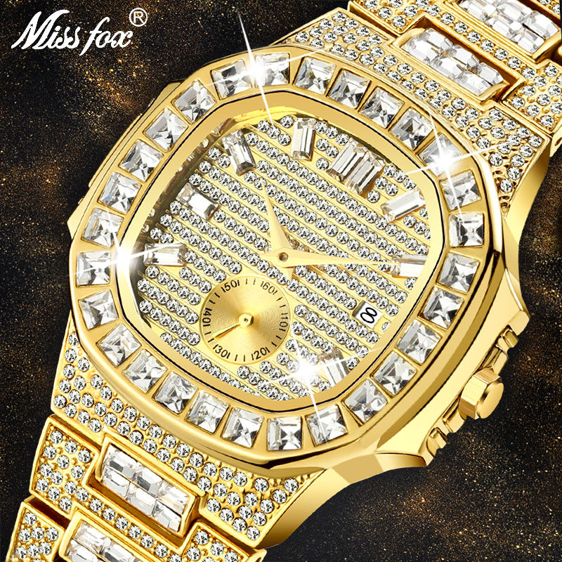 MISSFOX Luxury Men Watch Gold 18K Model Fully Paved Baguette Diamond Mens Watches Waterproof Calendar Male Clock Hours